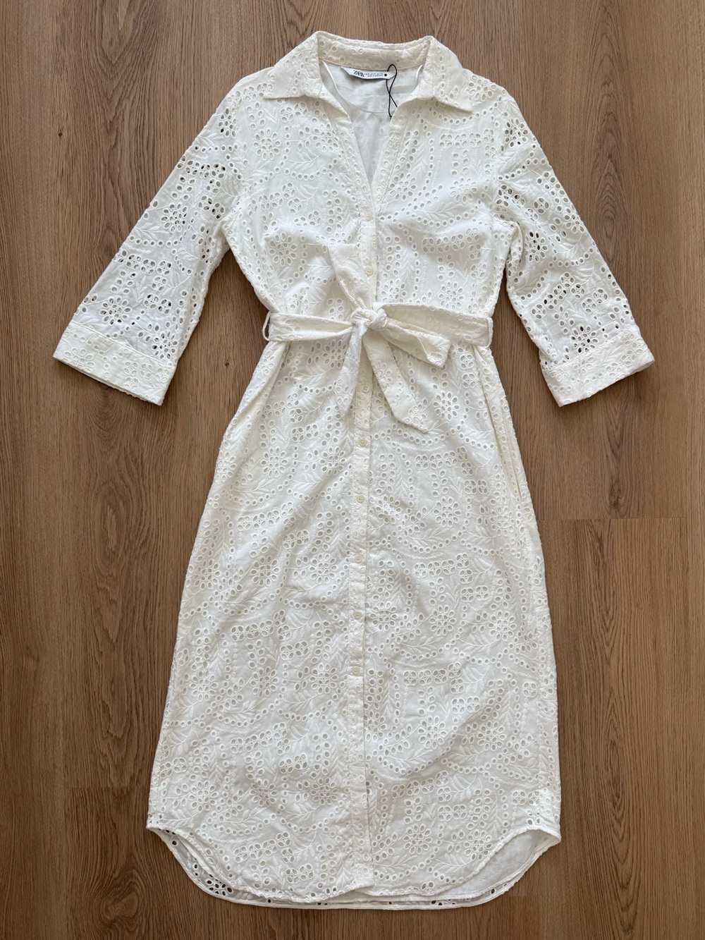 Zara EMBROIDERED EYELET BELTED MIDI DRESS